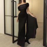 DERMEARNE Long Party Dress For Women Slant Neck Off Shoulder Sleeveless Lady Evening Dress Pleated Lace-up Sash Decor Irregular Prom Dress