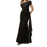 DERMEARNE Long Party Dress For Women Slant Neck Off Shoulder Sleeveless Lady Evening Dress Pleated Lace-up Sash Decor Irregular Prom Dress