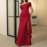 DERMEARNE Long Party Dress For Women Slant Neck Off Shoulder Sleeveless Lady Evening Dress Pleated Lace-up Sash Decor Irregular Prom Dress