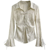 DERMEARNE Long Sleeve Fashion Blouse Turn Down Collar Vintage Slim Waist Tunic Elegant All Match Casual Flare Blusas Mujer De Moda