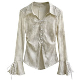 DERMEARNE Long Sleeve Fashion Blouse Turn Down Collar Vintage Slim Waist Tunic Elegant All Match Casual Flare Blusas Mujer De Moda