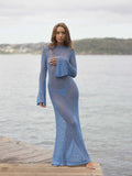 DERMEARNE Long Sleeve Knit Beach Dress Women Sexy See Through Slim Maxi Dress Summer Elegant Solid Backless Long Dress Holiday Outfit 2025