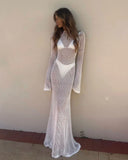 DERMEARNE Long Sleeve Knit Beach Dress Women Sexy See Through Slim Maxi Dress Summer Elegant Solid Backless Long Dress Holiday Outfit 2025