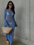 DERMEARNE Long Sleeve Knit Beach Dress Women Sexy See Through Slim Maxi Dress Summer Elegant Solid Backless Long Dress Holiday Outfit 2025