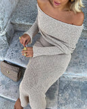 DERMEARNE Long Sleeve Sexy Hollow Out Knitted Dresses Women Elegant Off Shoulder Knit Long Dress Party Evening See Through Robe Vestidos