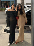DERMEARNE Long Sleeve Sexy Hollow Out Knitted Dresses Women Elegant Off Shoulder Knit Long Dress Party Evening See Through Robe Vestidos