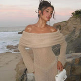 DERMEARNE Long Sleeve Sexy Hollow Out Knitted Dresses Women Elegant Off Shoulder Knit Long Dress Party Evening See Through Robe Vestidos