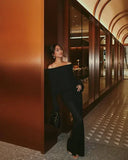 DERMEARNE Long Sleeve Sexy Hollow Out Knitted Dresses Women Elegant Off Shoulder Knit Long Dress Party Evening See Through Robe Vestidos