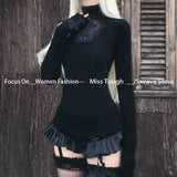 DERMEARNE Long Sleeve Sexy Y2k T-shirt Women Tops High Neck Black Gothic Tees Cross Hollow Slimming Bottom Knitted Shirt Women Halloween