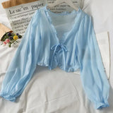 DERMEARNE Long Sleeve Thin Breathable T-shirts Women Lace Bow Cardigan Blouse Clothing Ruffles Sun-protection Outwear Blouse For Covers