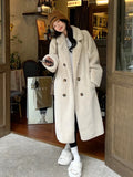 DERMEARNE Long Winter Coat Women Faux Mink Fur Turn Down Collar Fluffy Jackets Double Breasted Fashion Plush Coats Loose Warm Outerwears