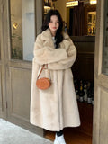 DERMEARNE Long Winter Coat Women Faux Mink Fur Turn Down Collar Fluffy Jackets Double Breasted Fashion Plush Coats Loose Warm Outerwears
