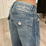 DERMEARNE Loose Jeans Women's Harajuku Y2K Retro Cartoon Pattern Embroidered High Waist Trousers Gothic Casual Blue Straight Leg Pants