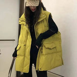 DERMEARNE Loose Oversized Down Cotton Vest Women Winter Warm Stand Collar Waistcoat Women Pocket Outwear Winter Sleeveless Jackets female