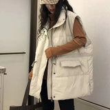 DERMEARNE Loose Oversized Down Cotton Vest Women Winter Warm Stand Collar Waistcoat Women Pocket Outwear Winter Sleeveless Jackets female