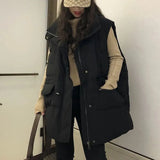 DERMEARNE Loose Oversized Down Cotton Vest Women Winter Warm Stand Collar Waistcoat Women Pocket Outwear Winter Sleeveless Jackets female