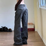 DERMEARNE Low Waisted Flare Jeans Streetwear 2000s Clothes Y2k Women Bottom Belted Cargo  Vintage Denim Pants P67-DI27