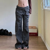 DERMEARNE Low Waisted Flare Jeans Streetwear 2000s Clothes Y2k Women Bottom Belted Cargo  Vintage Denim Pants P67-DI27