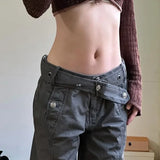 DERMEARNE Low Waisted Flare Jeans Streetwear 2000s Clothes Y2k Women Bottom Belted Cargo  Vintage Denim Pants P67-DI27