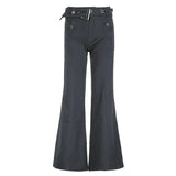 DERMEARNE Low Waisted Flare Jeans Streetwear 2000s Clothes Y2k Women Bottom Belted Cargo  Vintage Denim Pants P67-DI27