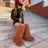 DERMEARNE Luxury Winter Faux Fur Knee High Boots Women Snow Boots Fluffy Faux Mongolian Fur Platform Snow Boots For Women