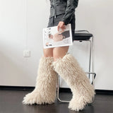 DERMEARNE Luxury Winter Faux Fur Knee High Boots Women Snow Boots Fluffy Faux Mongolian Fur Platform Snow Boots For Women