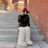 DERMEARNE Luxury Winter Faux Fur Knee High Boots Women Snow Boots Fluffy Faux Mongolian Fur Platform Snow Boots For Women