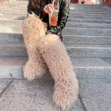 DERMEARNE Luxury Winter Faux Fur Knee High Boots Women Snow Boots Fluffy Faux Mongolian Fur Platform Snow Boots For Women
