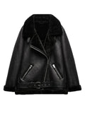 DERMEARNE Ly Varey Lin Winter Faux Lamb Leather Jacket Women Faux Leather Lambs Wool Fur Collar Pu Moto Zipper Jacket Warm Thick Outerwear