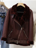 DERMEARNE Ly Varey Lin Winter Faux Lamb Leather Jacket Women Faux Leather Lambs Wool Fur Collar Pu Moto Zipper Jacket Warm Thick Outerwear