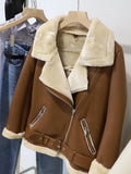 DERMEARNE Ly Varey Lin Winter Faux Lamb Leather Jacket Women Faux Leather Lambs Wool Fur Collar Pu Moto Zipper Jacket Warm Thick Outerwear