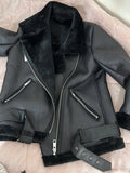 DERMEARNE Ly Varey Lin Winter Faux Lamb Leather Jacket Women Faux Leather Lambs Wool Fur Collar Pu Moto Zipper Jacket Warm Thick Outerwear