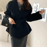 DERMEARNE MEXZT Elegant Wool Blends Coats Women Black Bandage Woolen Jackets Winter Ladies Commute Outerwear Korean Fashion Overcoat New