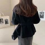 DERMEARNE MEXZT Elegant Wool Blends Coats Women Black Bandage Woolen Jackets Winter Ladies Commute Outerwear Korean Fashion Overcoat New