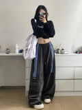 DERMEARNE MEXZT Oversized Striped Sweatpants Women Y2K Streetwear Cargo Pants Harajuku Wide Leg Joggers High Waist Baggy Sports Trousers