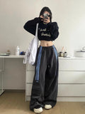 DERMEARNE MEXZT Oversized Striped Sweatpants Women Y2K Streetwear Cargo Pants Harajuku Wide Leg Joggers High Waist Baggy Sports Trousers