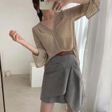 DERMEARNE MEXZT Vintage Blouses Women Elegant V Neck Print Long Sleeve Loose Shirts Office Lady Casual Chiffon Chic Sun Protection Tops