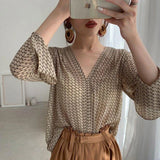 DERMEARNE MEXZT Vintage Blouses Women Elegant V Neck Print Long Sleeve Loose Shirts Office Lady Casual Chiffon Chic Sun Protection Tops