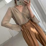 DERMEARNE MEXZT Vintage Blouses Women Elegant V Neck Print Long Sleeve Loose Shirts Office Lady Casual Chiffon Chic Sun Protection Tops