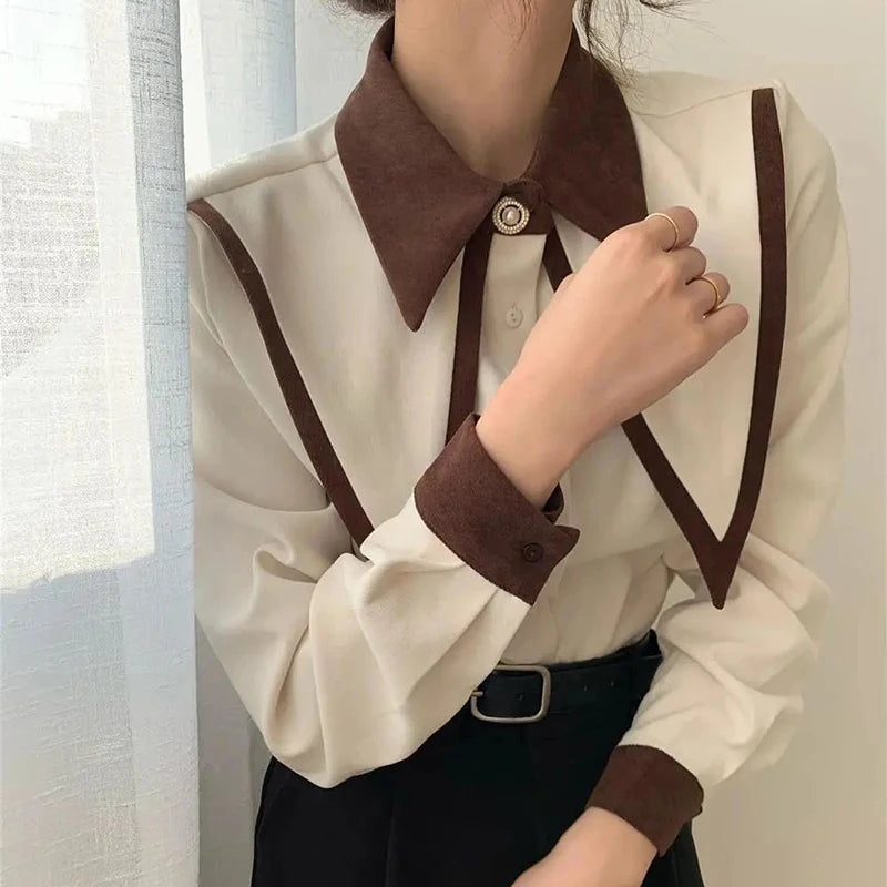 DERMEARNE MEXZT Vintage Elegant Shirts Women Chiffon Patchwork Ruffle Turn Down Collar Long Sleeve Blouse Korean Office Lady Loose Tops