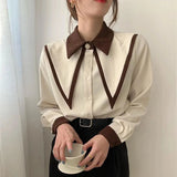 DERMEARNE MEXZT Vintage Elegant Shirts Women Chiffon Patchwork Ruffle Turn Down Collar Long Sleeve Blouse Korean Office Lady Loose Tops