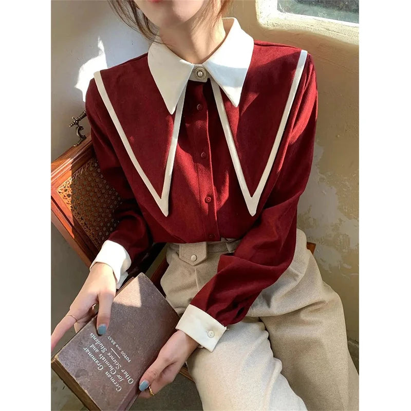 DERMEARNE MEXZT Vintage Elegant Shirts Women Chiffon Patchwork Ruffle Turn Down Collar Long Sleeve Blouse Korean Office Lady Loose Tops