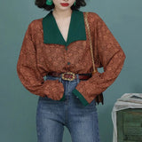 DERMEARNE MEXZT Vintage Floral Blouses Women Harajuku Patchwork Oversized Long Sleeve Shirts Office Lady Elegant Print Loose Casual Tops