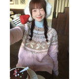 DERMEARNE MEXZT Vintage Print Knitted Cardigan Women Japanese Long Sleeve Sweater Outerwear Winter Aesthetic Pink Knitwear Korean Jumpers