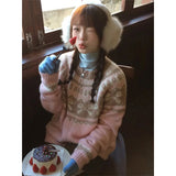 DERMEARNE MEXZT Vintage Print Knitted Cardigan Women Japanese Long Sleeve Sweater Outerwear Winter Aesthetic Pink Knitwear Korean Jumpers