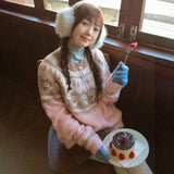 DERMEARNE MEXZT Vintage Print Knitted Cardigan Women Japanese Long Sleeve Sweater Outerwear Winter Aesthetic Pink Knitwear Korean Jumpers