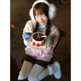 DERMEARNE MEXZT Vintage Print Knitted Cardigan Women Japanese Long Sleeve Sweater Outerwear Winter Aesthetic Pink Knitwear Korean Jumpers