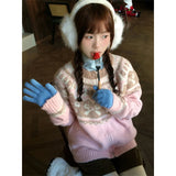 DERMEARNE MEXZT Vintage Print Knitted Cardigan Women Japanese Long Sleeve Sweater Outerwear Winter Aesthetic Pink Knitwear Korean Jumpers