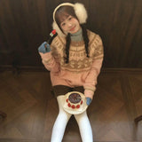 DERMEARNE MEXZT Vintage Print Knitted Cardigan Women Japanese Long Sleeve Sweater Outerwear Winter Aesthetic Pink Knitwear Korean Jumpers