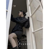 DERMEARNE MEXZT Y2K Black Shirts Women Gothic Harajuku Zipper Long Sleeve Blouses Office Ladies Fashion Korean Elegant Tunic Chic Tops New